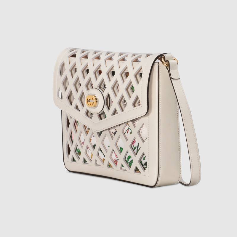 550138 Gucci女包 鏤空皮革 花卉圖案 中號 翻蓋 古馳肩背包 白色