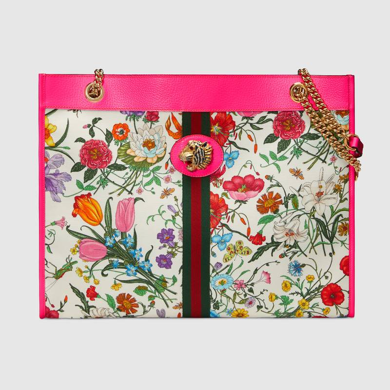 537219 Gucci女包 古馳手袋 紅綠織帶 虎頭裝飾 大號 古馳購物袋 粉色