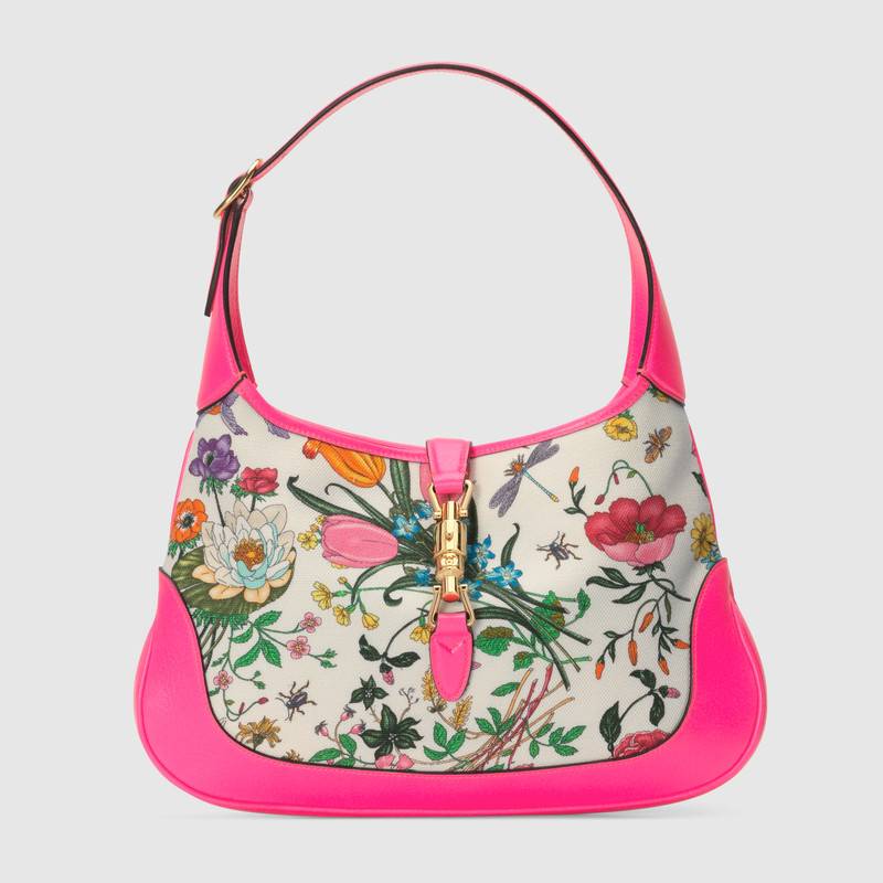 550152 Gucci女包 Jackie系列 帆布 花卉印花 中號 古馳圓底包 粉色