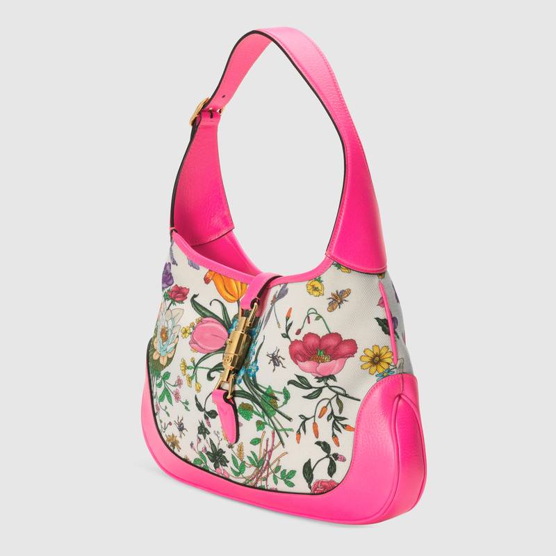 550152 Gucci女包 Jackie系列 帆布 花卉印花 中號 古馳圓底包 粉色